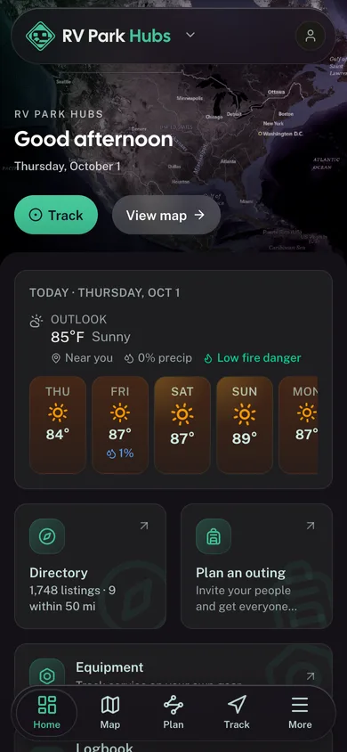 The RV Park Hubs app dashboard