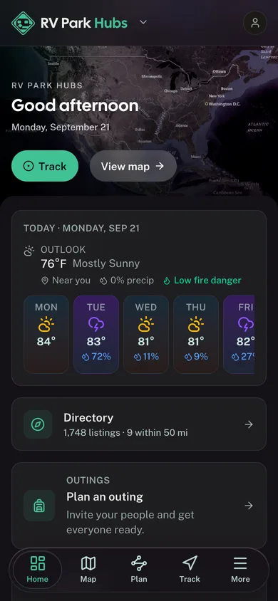 The RV Park Hubs app dashboard