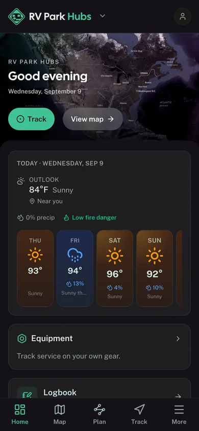 The RV Park Hubs app dashboard