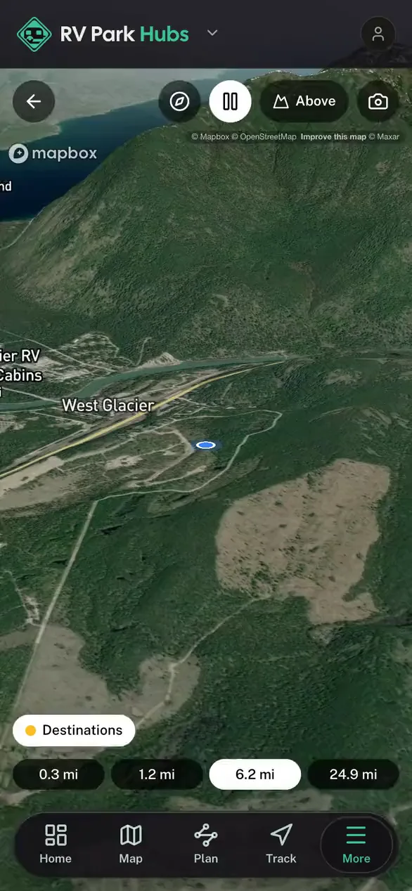 Nearby places standing on the real terrain in 3D in the RV Park Hubs app