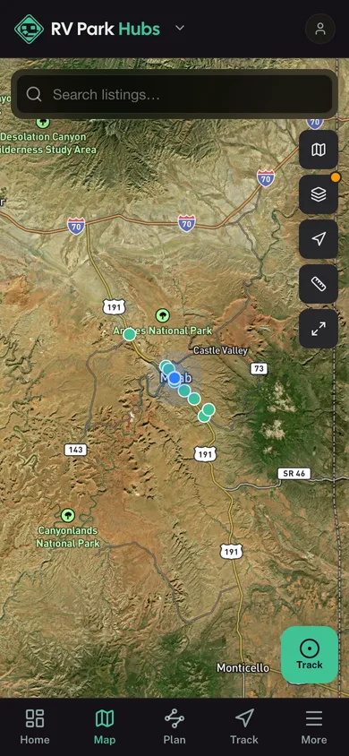 The RV Park Hubs app directory map