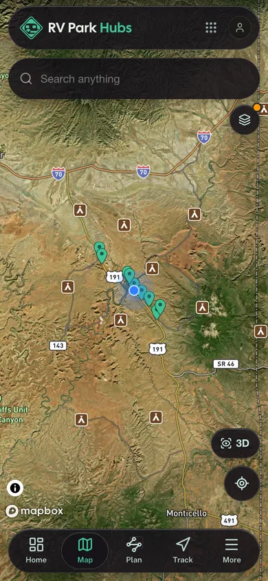 The RV Park Hubs app directory map