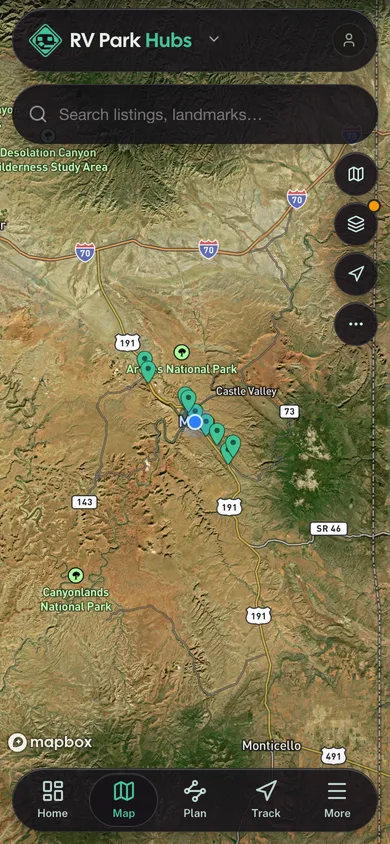 The RV Park Hubs app directory map