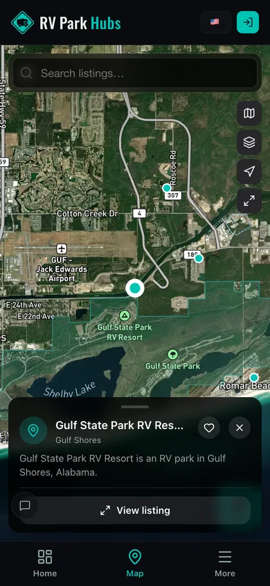 Nearby places mapped in the RV Park Hubs app
