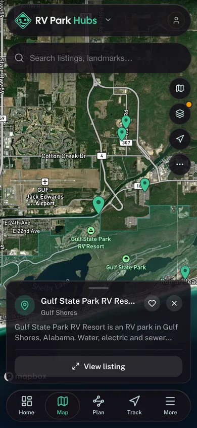 Nearby places mapped in the RV Park Hubs app