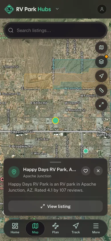 Nearby places mapped in the RV Park Hubs app