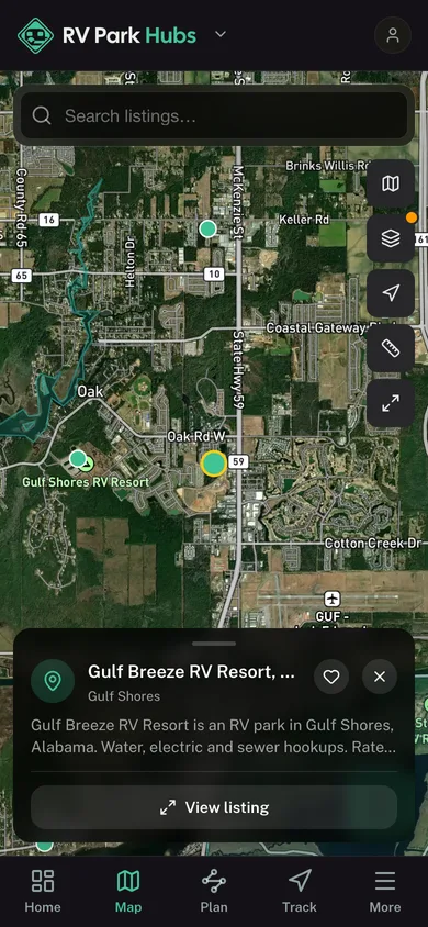 Nearby places mapped in the RV Park Hubs app