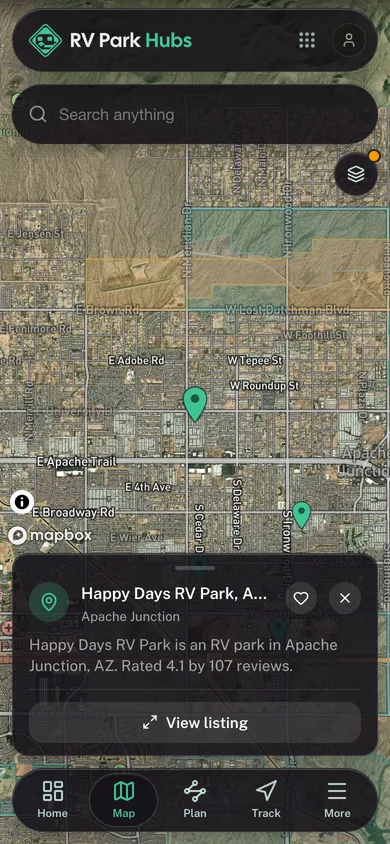 Nearby places mapped in the RV Park Hubs app