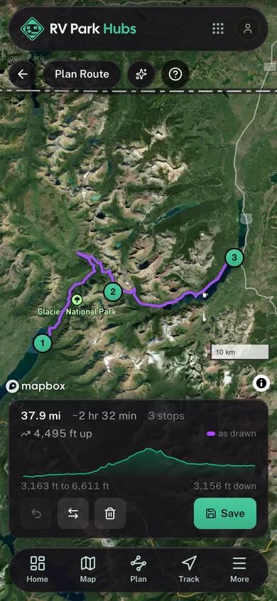 A planned route with its distance, stops and elevation profile in the RV Park Hubs app