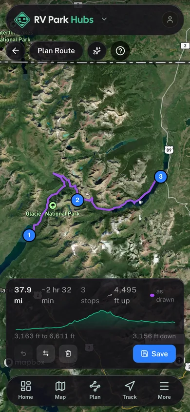 A planned route with its distance, stops and elevation profile in the RV Park Hubs app