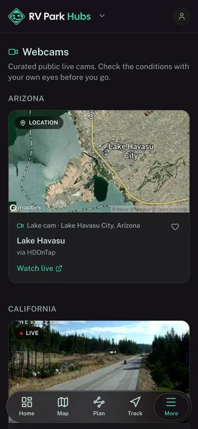 Live public webcams grouped by state in the RV Park Hubs app