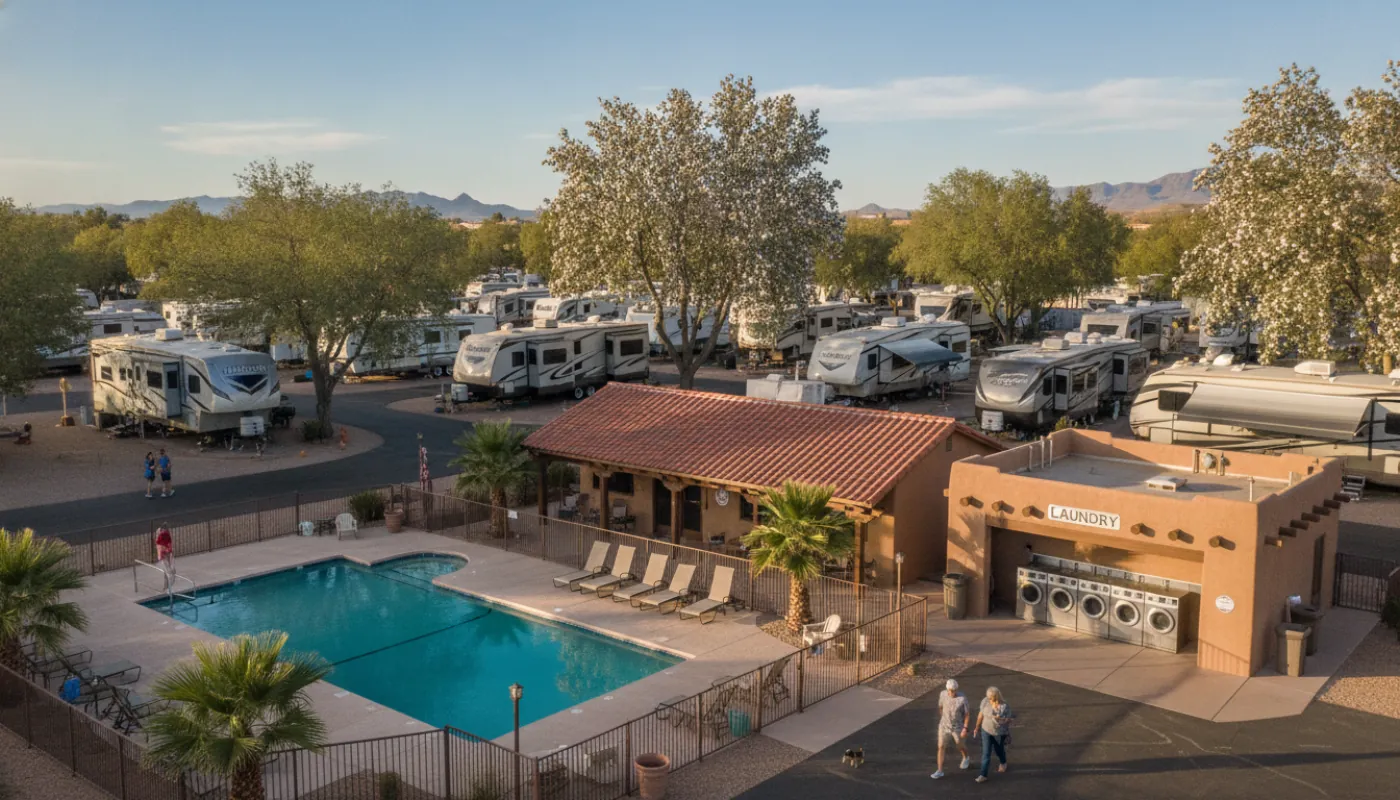 A long-term RV park's amenity area with a clubhouse, pool, and laundry building among parked rigs, residents walking, warm sunny afternoon