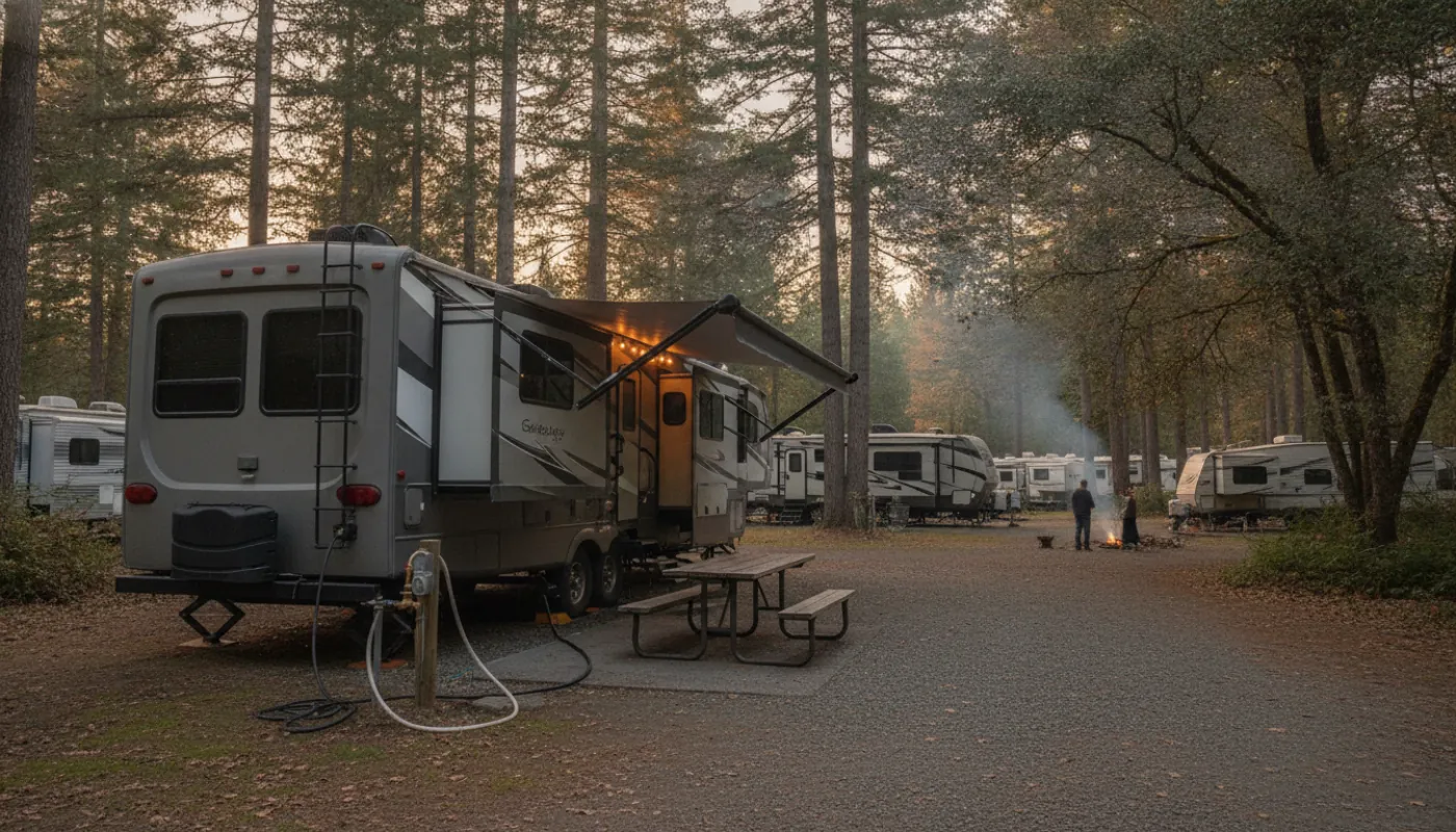 A long-term RV parked on a level pad with full hookups (power pedestal, water spigot, and sewer connection), a picnic table alongside, warm afternoon light