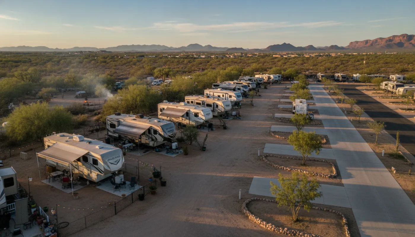 An aerial view of an RV park showing a settled long-term section of rigs with awnings alongside a row of pull-through nightly sites, warm late-day light