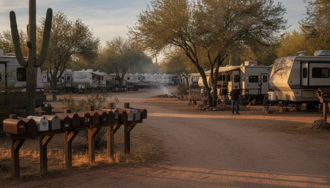 A row of resident mailboxes at the entrance of a long-term RV park with rigs parked beyond, warm morning light
