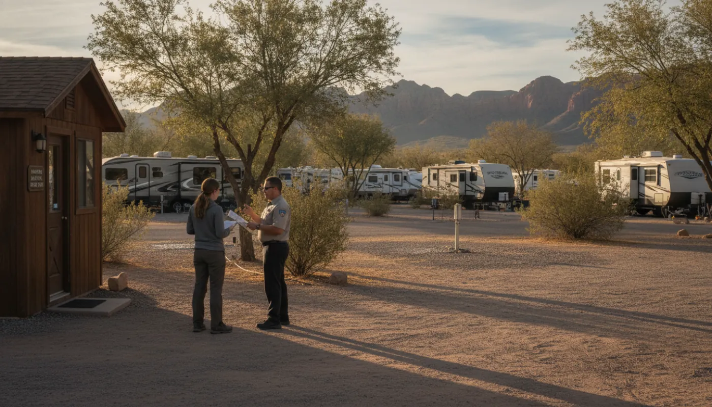 A prospective resident talking with a manager outside a small RV park office, an RV and open sites behind them, warm daylight