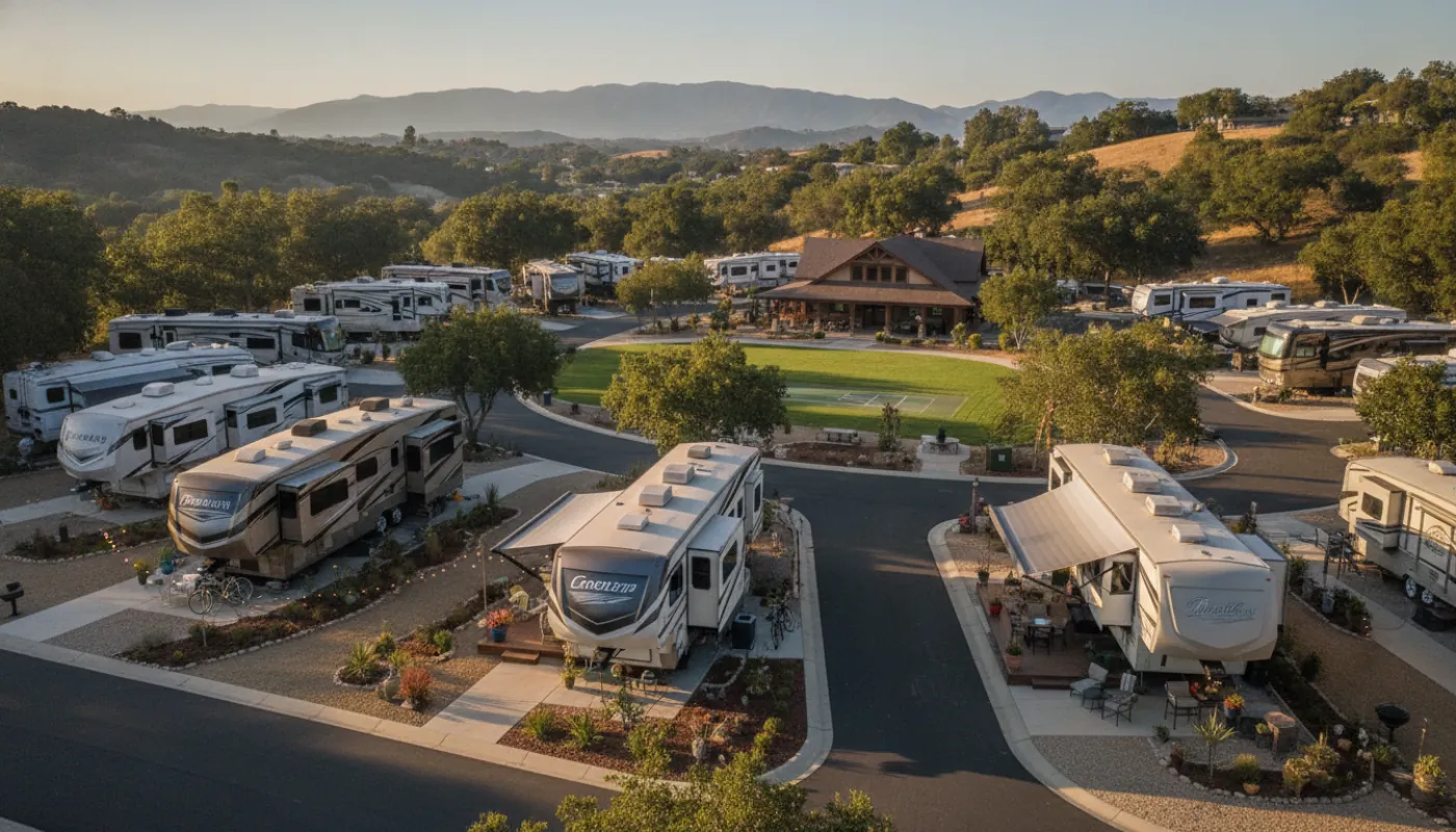 An established residential RV community with long-term rigs on landscaped lots, mature trees, tidy streets and a shared clubhouse, warm late-afternoon light