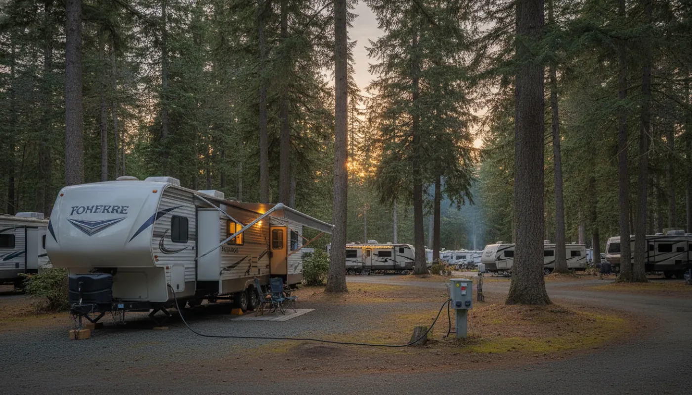 An RV parked at a full-hookup long-term site at dusk, its shore-power cord running to the site's electrical pedestal, warm lit windows, calm evening light