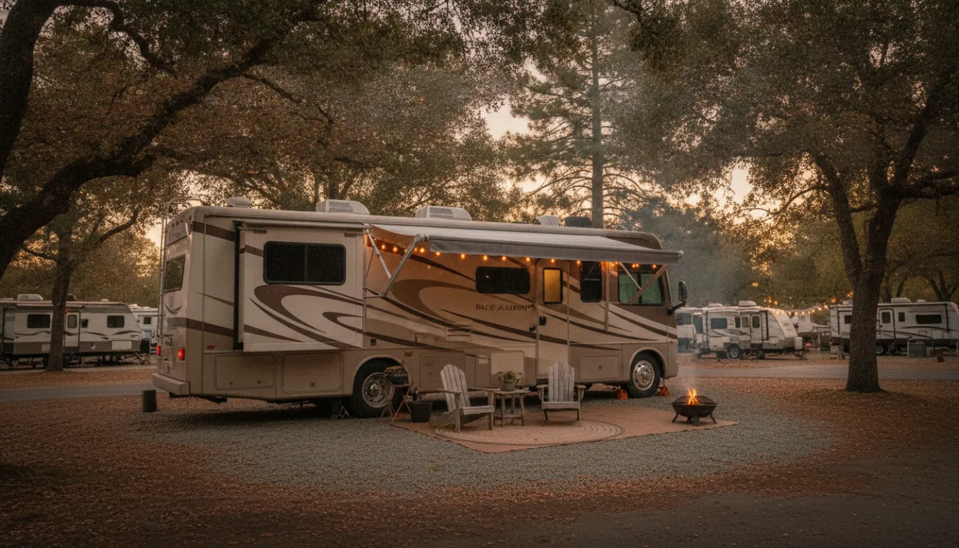 A long-term RV parked on a settled site with the awning out and outdoor furniture, signaling a season-long stay, warm golden light