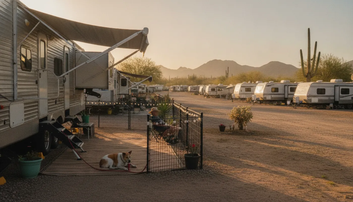 A leashed dog resting beside an RV on a small fenced patio at a long-term site, its owner nearby, warm relaxed afternoon light