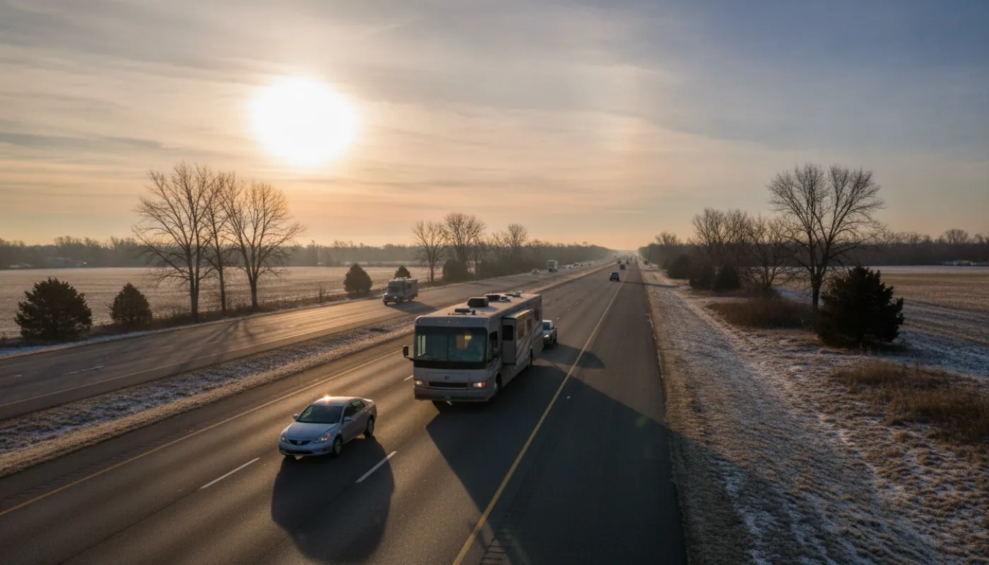 An RV towing south on an open interstate through winter countryside under a bright sky, a snowbird migration scene, warm morning light