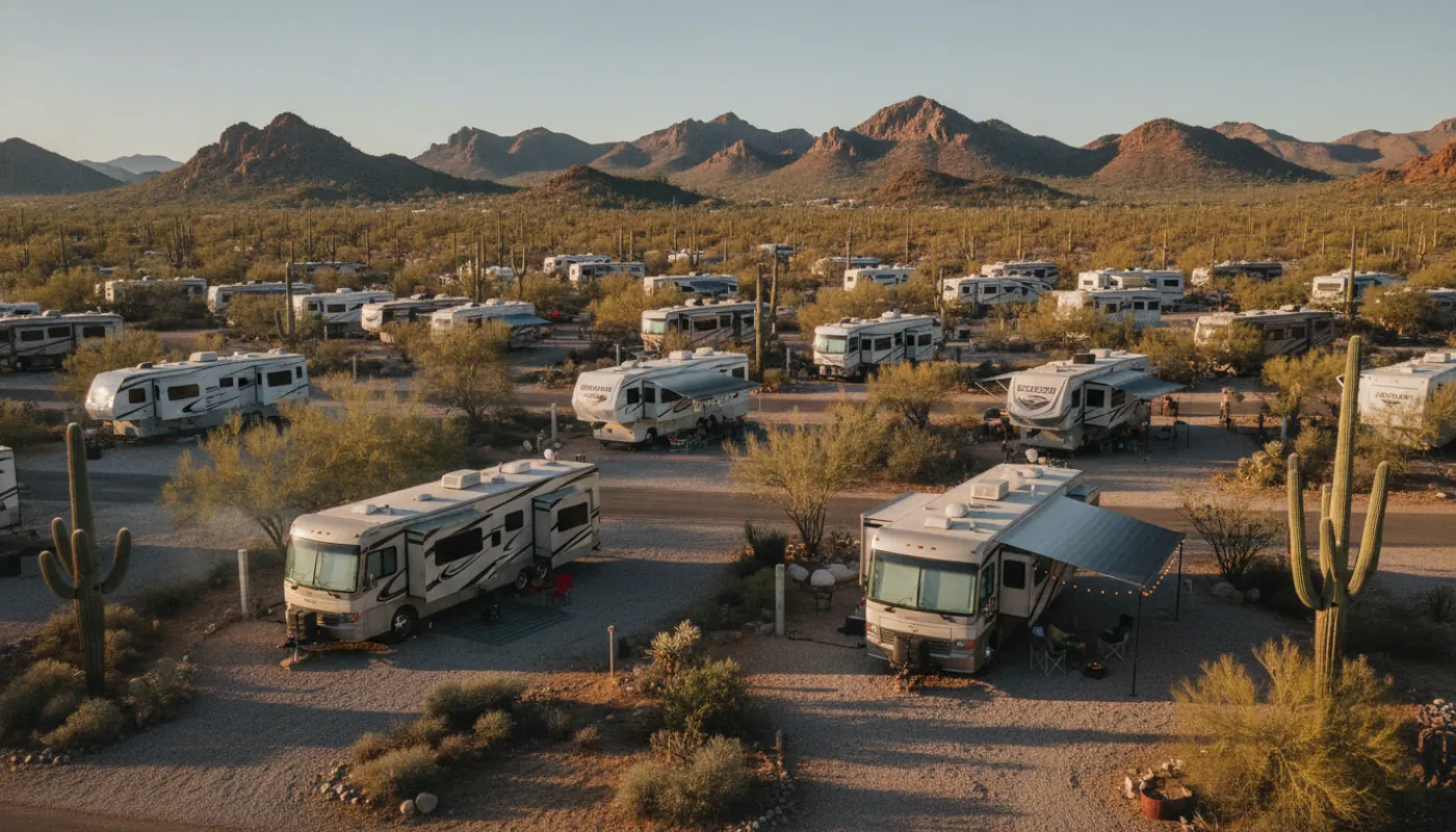 RVs parked at a desert snowbird park among saguaro and palo verde with mountains behind, clear warm winter afternoon light