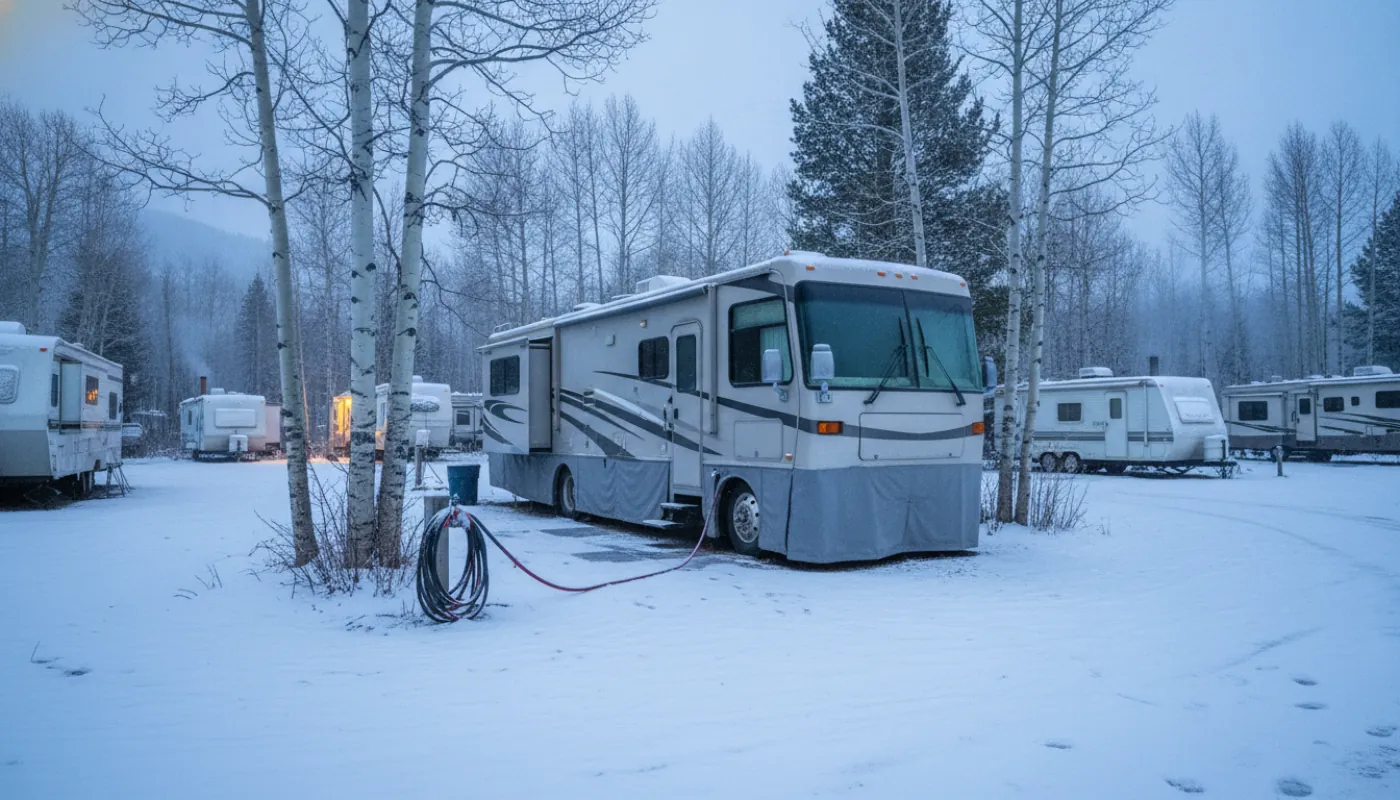 A skirted RV at a long-term site in light snow, an insulated heat-taped water hose running to the spigot, bare trees behind, cold blue winter morning light