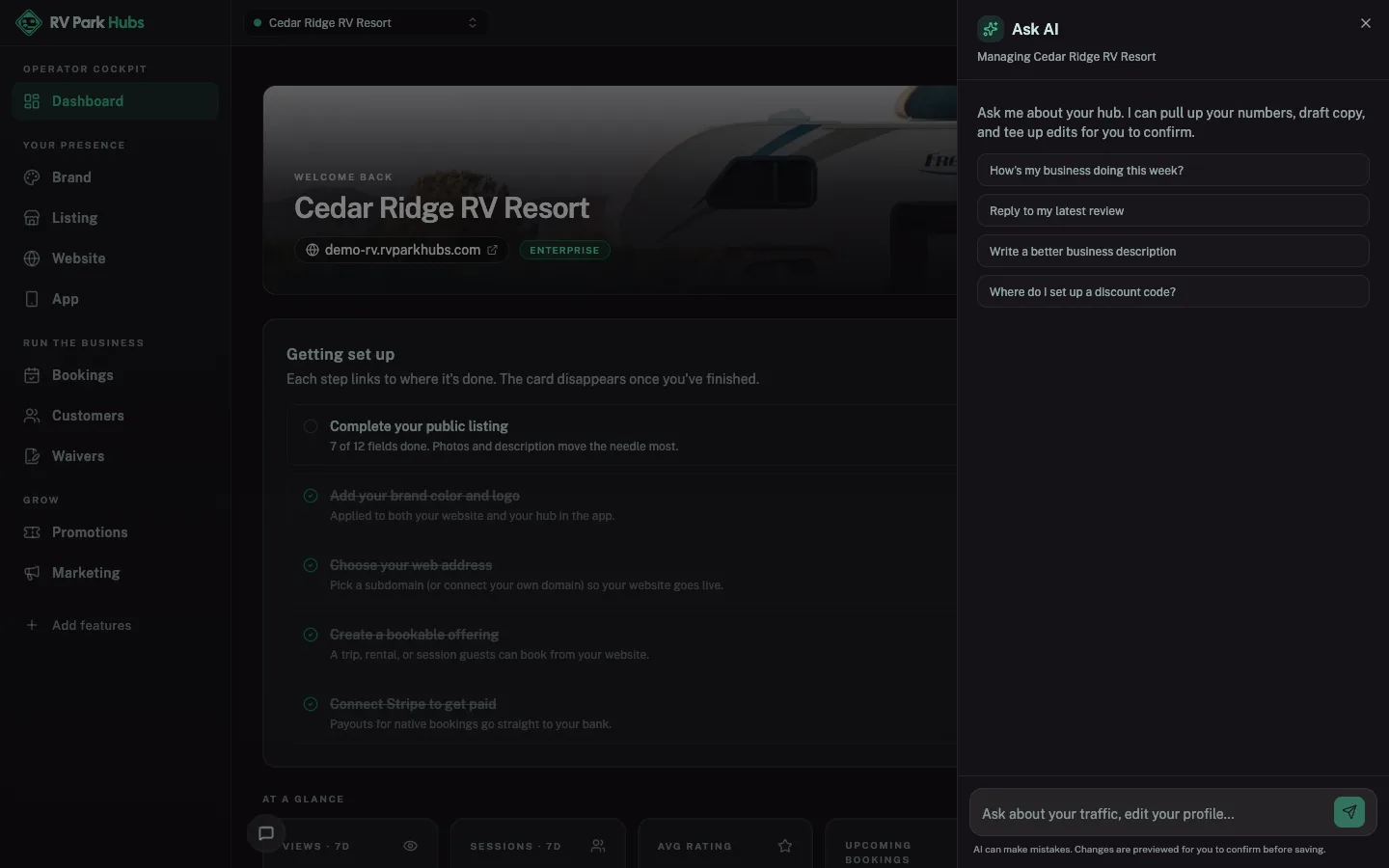 RV Park Hubs cockpit: AI assistant