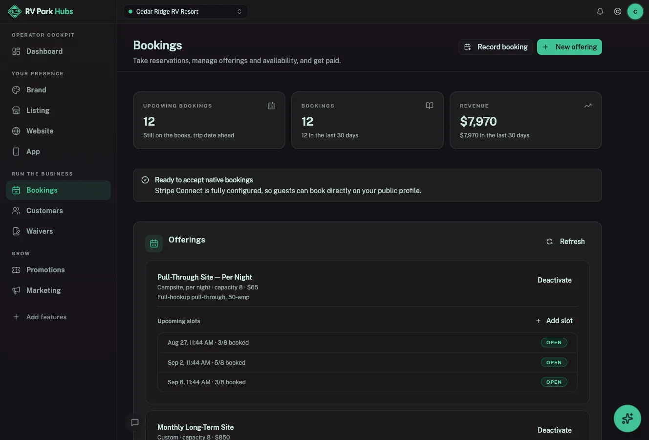 Bookings & payments in the RV Park Hubs cockpit