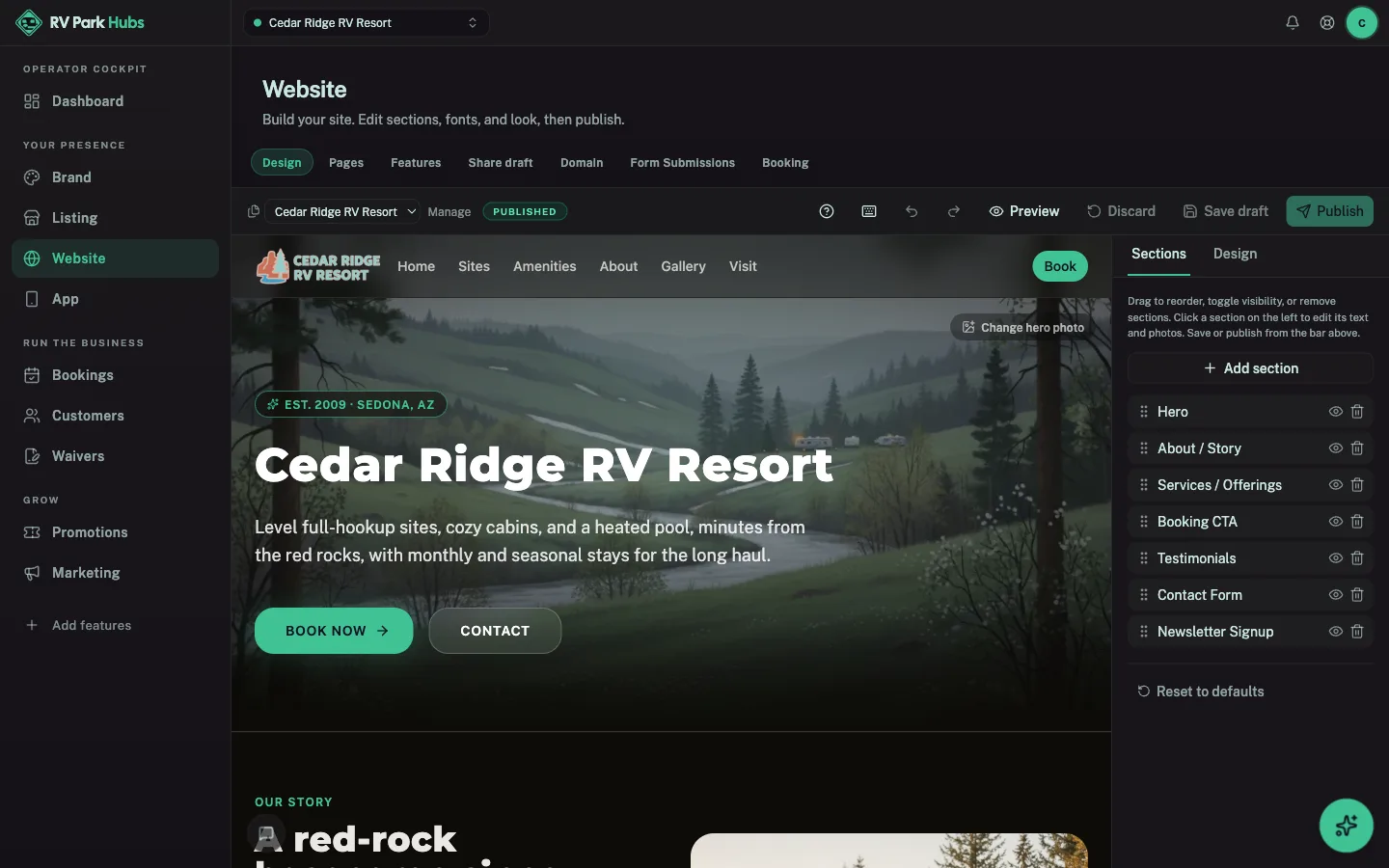 Website builder in the RV Park Hubs cockpit